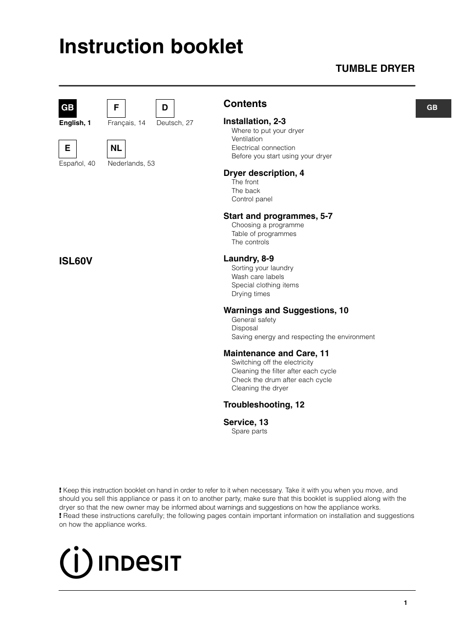 Indesit ISL 60 V User Manual | 68 pages