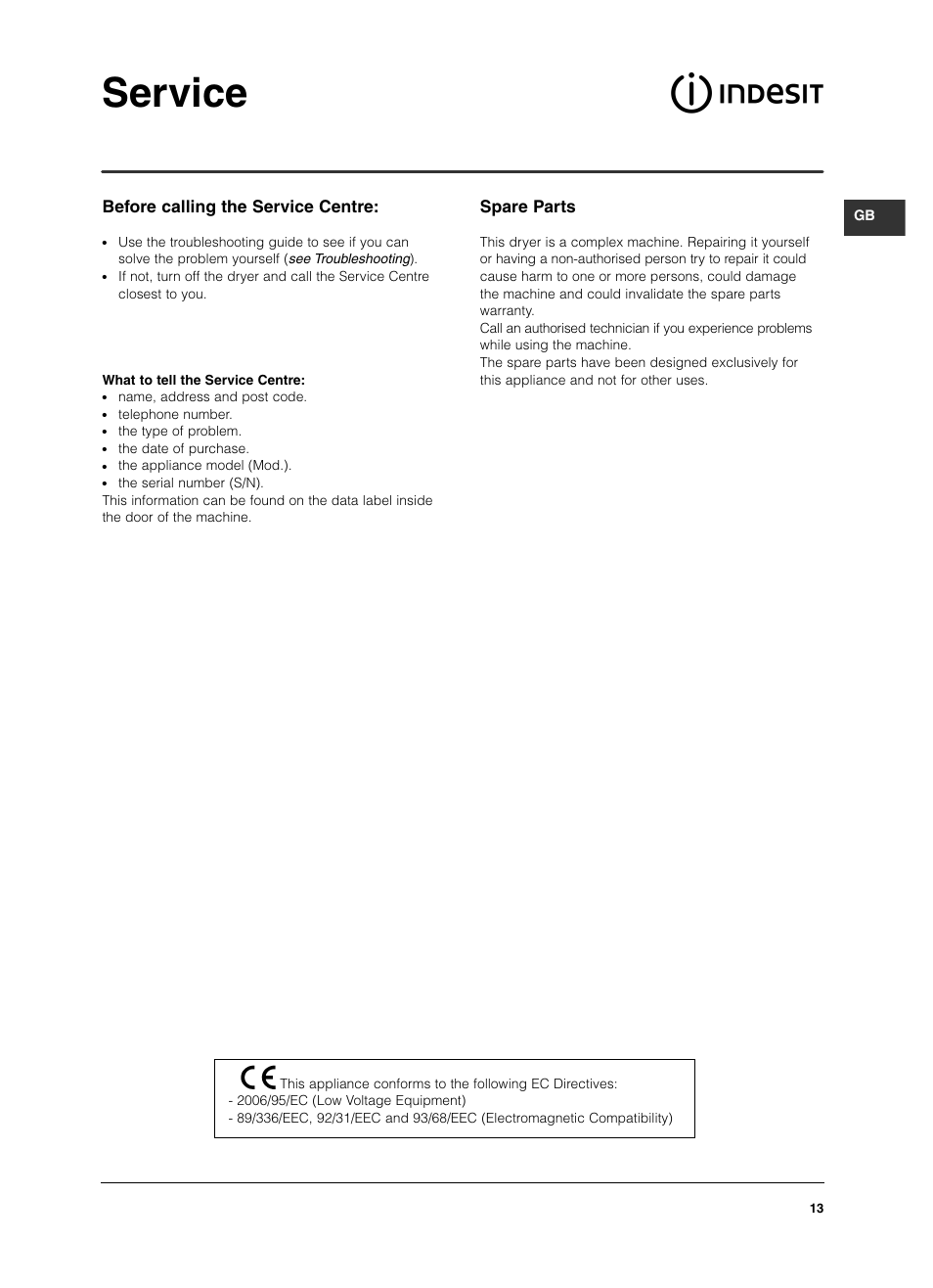 Service, Spare parts, Before calling the service centre | Indesit ISL 60 V User Manual | Page 13 / 68