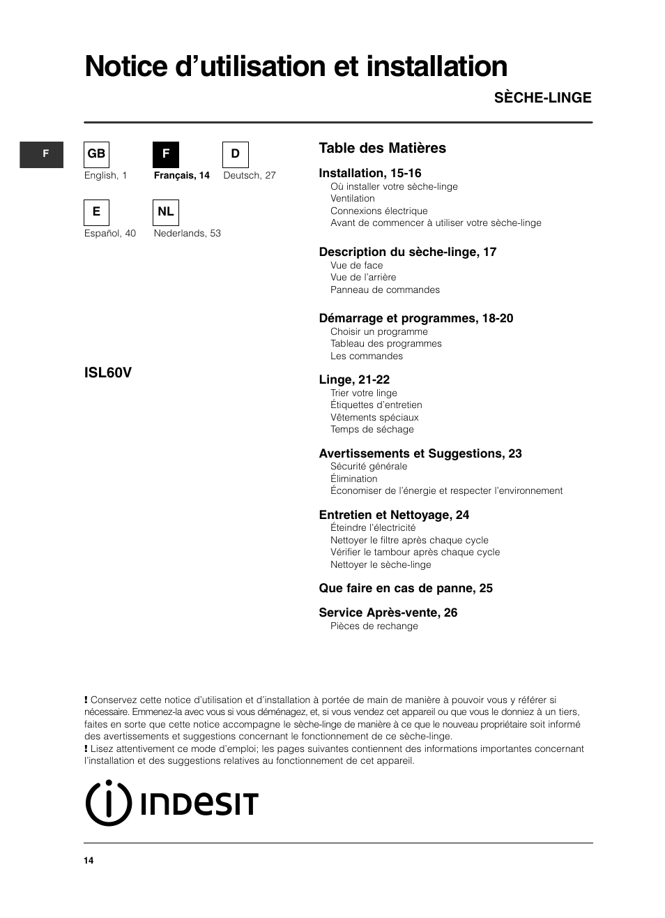 Indesit ISL 60 V User Manual | Page 14 / 68