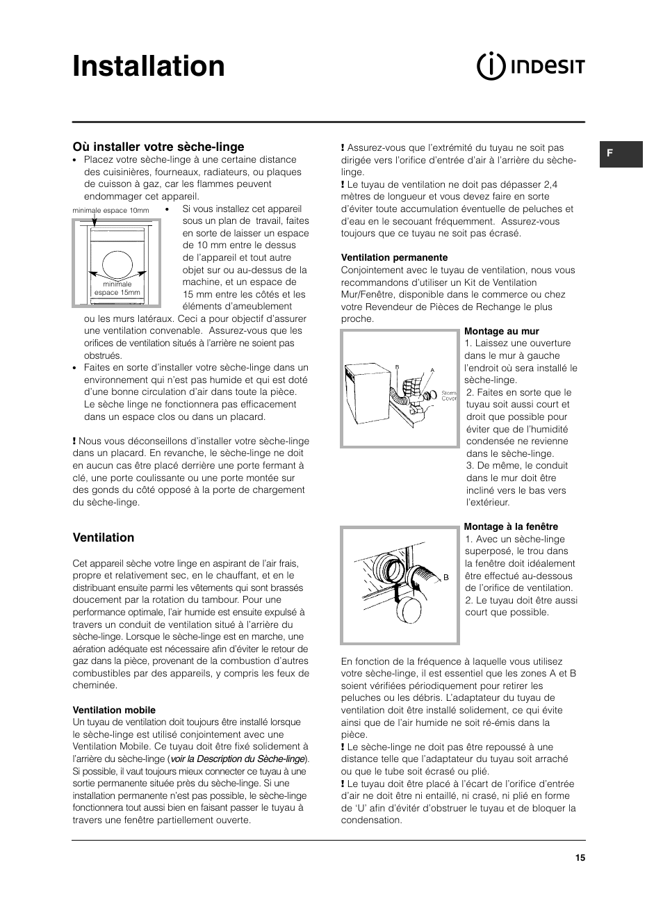 Installation, Où installer votre sèche-linge, Ventilation | Indesit ISL 60 V User Manual | Page 15 / 68