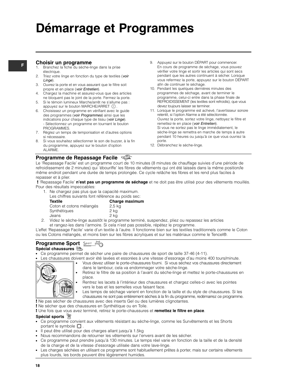 Démarrage et programmes, Choisir un programme, Programme de repassage facile | Programme sport | Indesit ISL 60 V User Manual | Page 18 / 68