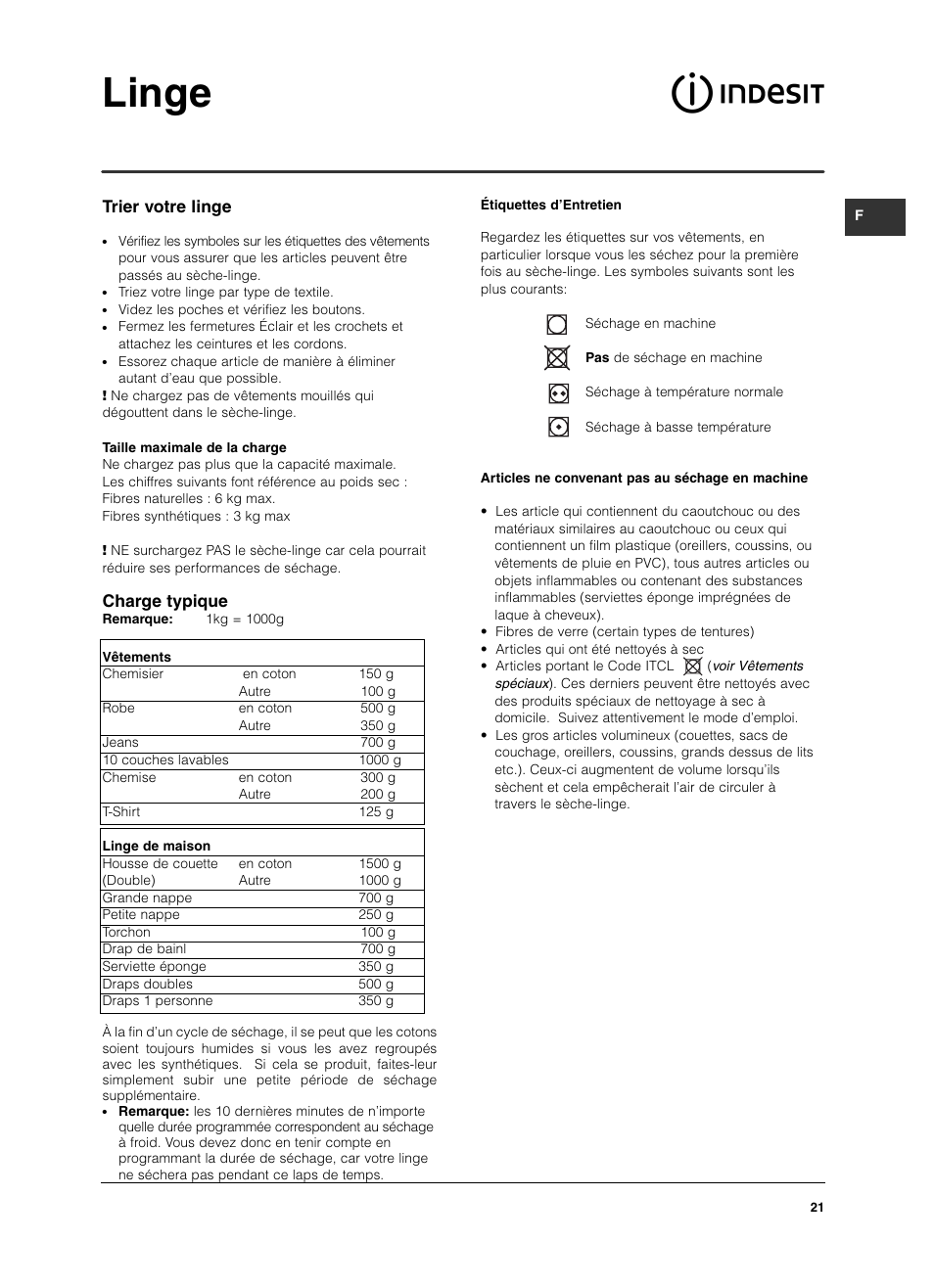 Linge, Trier votre linge, Charge typique | Indesit ISL 60 V User Manual | Page 21 / 68