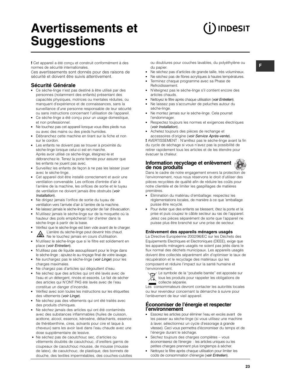 Avertissements et suggestions, Sécurité générale | Indesit ISL 60 V User Manual | Page 23 / 68