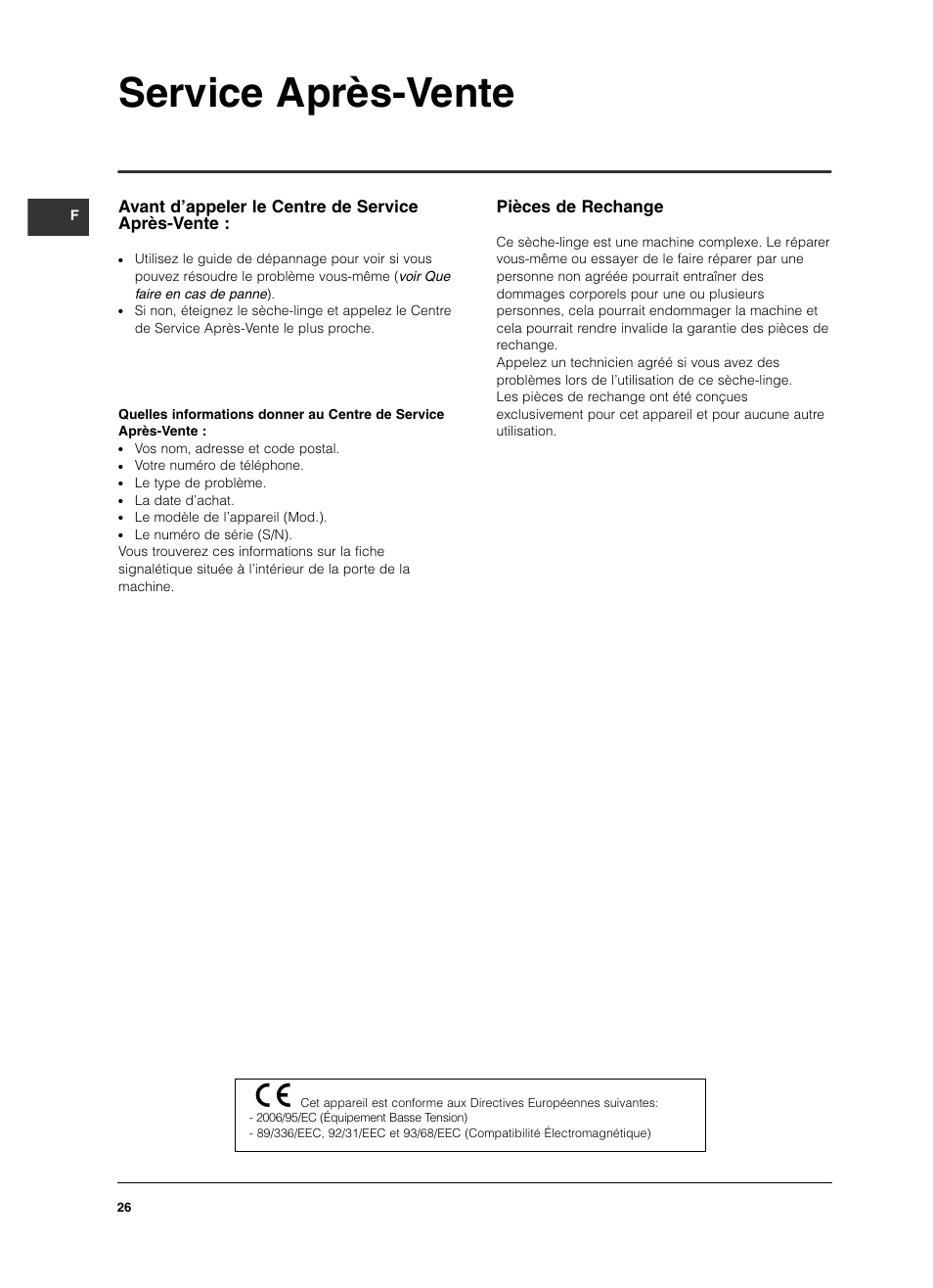 Service après-vente, Pièces de rechange, Avant d’appeler le centre de service après-vente | Indesit ISL 60 V User Manual | Page 26 / 68