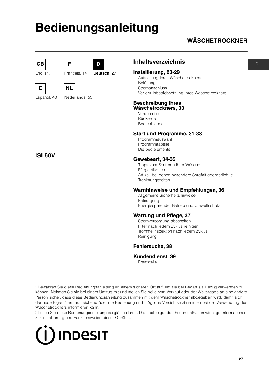 Bedienungsanleitung, Inhaltsverzeichnis wäschetrockner isl60v | Indesit ISL 60 V User Manual | Page 27 / 68