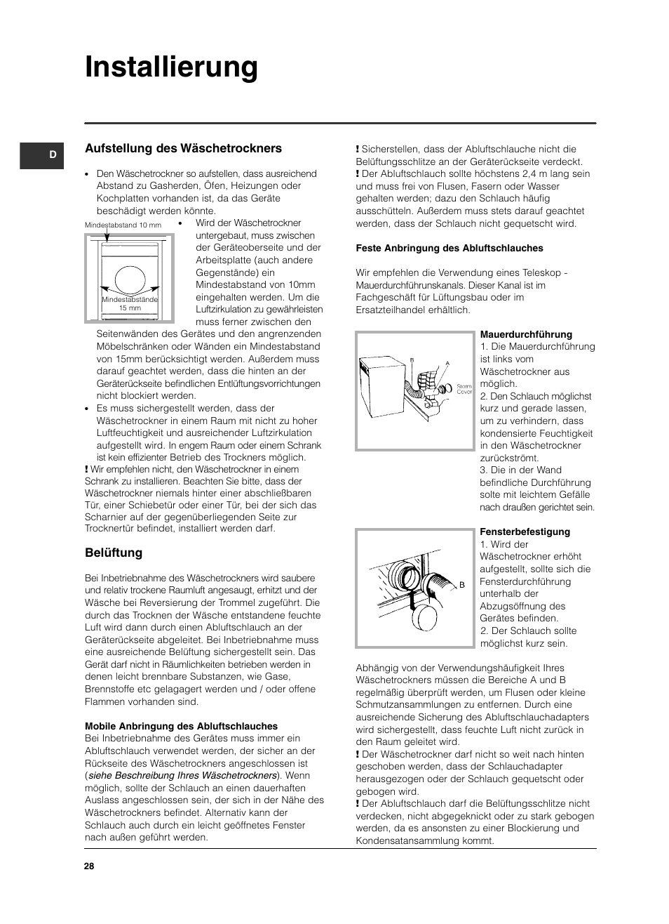 Installierung, Aufstellung des wäschetrockners, Belüftung | Indesit ISL 60 V User Manual | Page 28 / 68