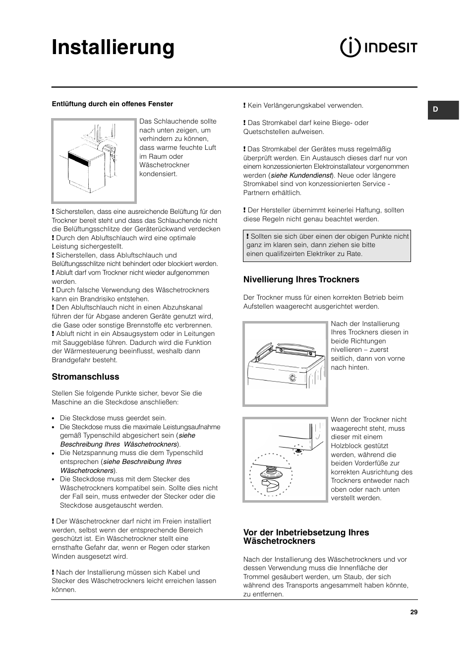 Installierung, Stromanschluss, Nivellierung ihres trockners | Vor der inbetriebsetzung ihres wäschetrockners | Indesit ISL 60 V User Manual | Page 29 / 68