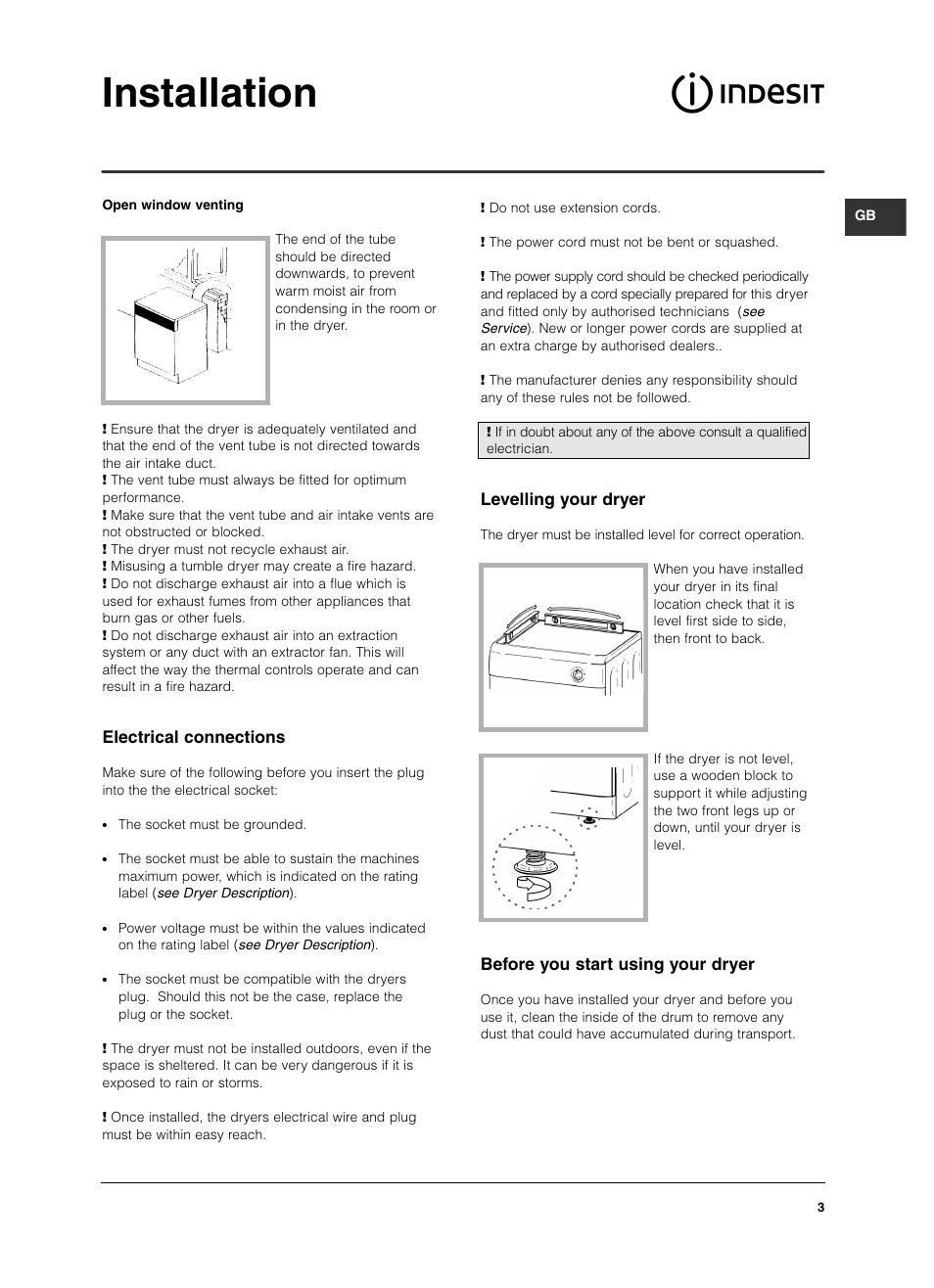 Installation, Levelling your dryer, Before you start using your dryer | Electrical connections | Indesit ISL 60 V User Manual | Page 3 / 68