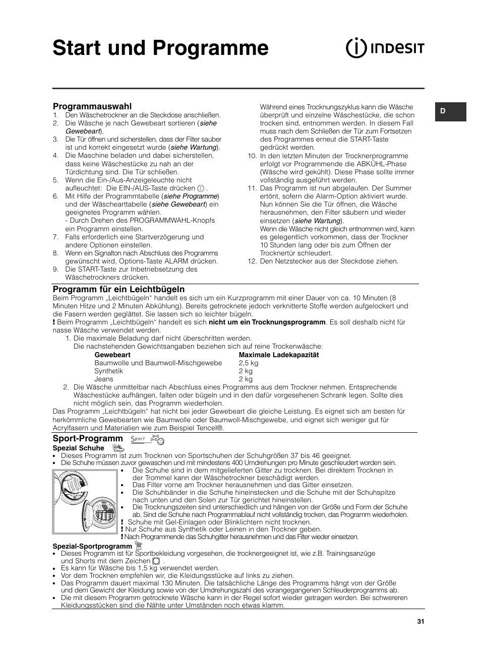 Start und programme, Programmauswahl, Programm für ein leichtbügeln | Sport-programm | Indesit ISL 60 V User Manual | Page 31 / 68