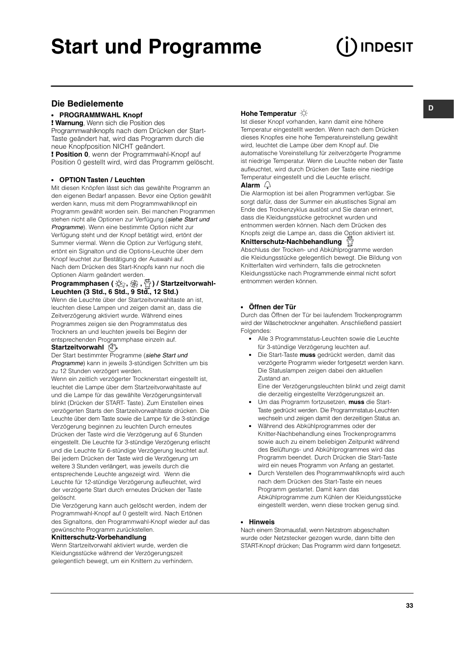 Start und programme, Die bedielemente | Indesit ISL 60 V User Manual | Page 33 / 68