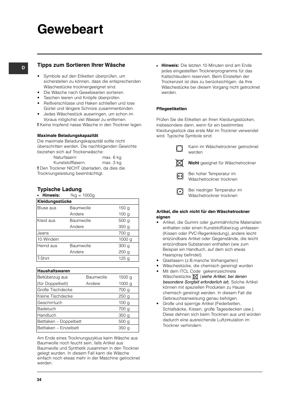 Gewebeart, Tipps zum sortieren ihrer wäsche, Typische ladung | Indesit ISL 60 V User Manual | Page 34 / 68
