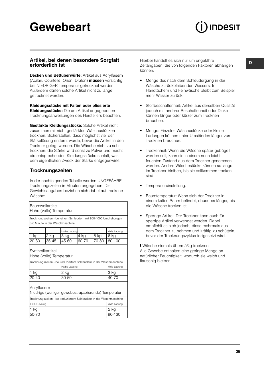 Gewebeart, Trocknungszeiten | Indesit ISL 60 V User Manual | Page 35 / 68