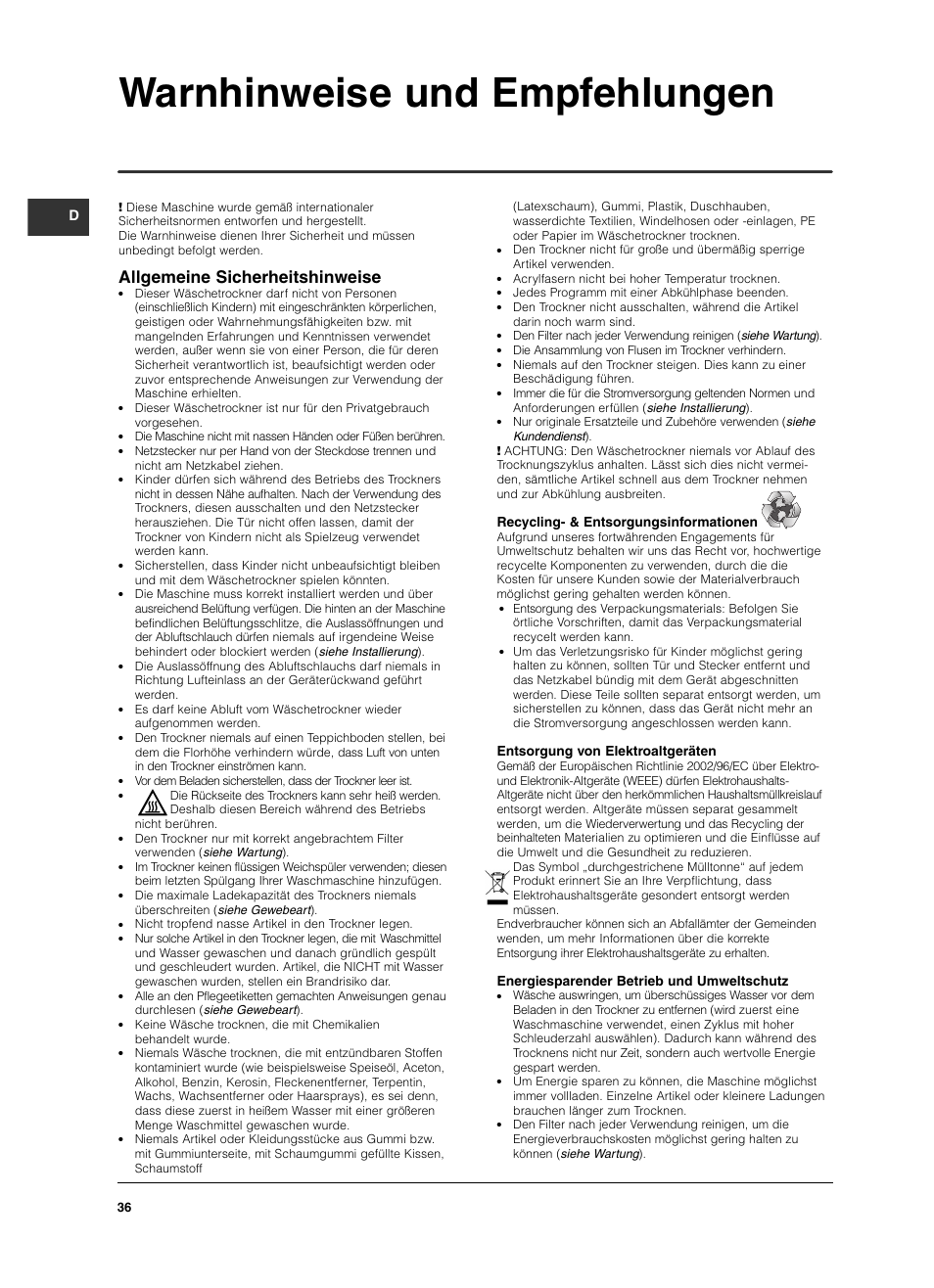 Warnhinweise und empfehlungen, Allgemeine sicherheitshinweise | Indesit ISL 60 V User Manual | Page 36 / 68