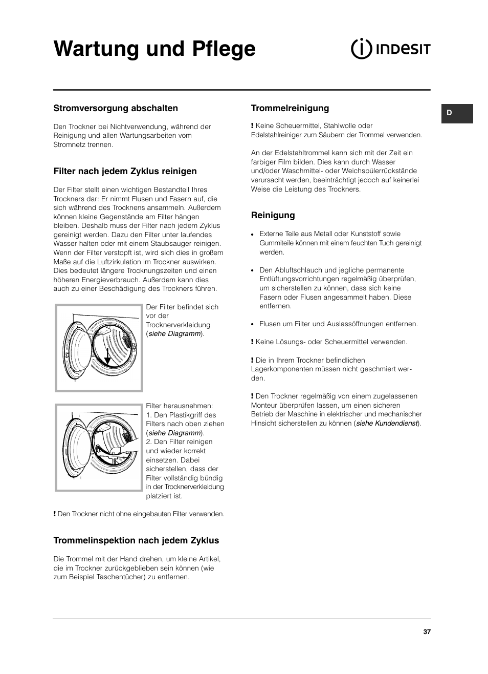 Wartung und pflege | Indesit ISL 60 V User Manual | Page 37 / 68