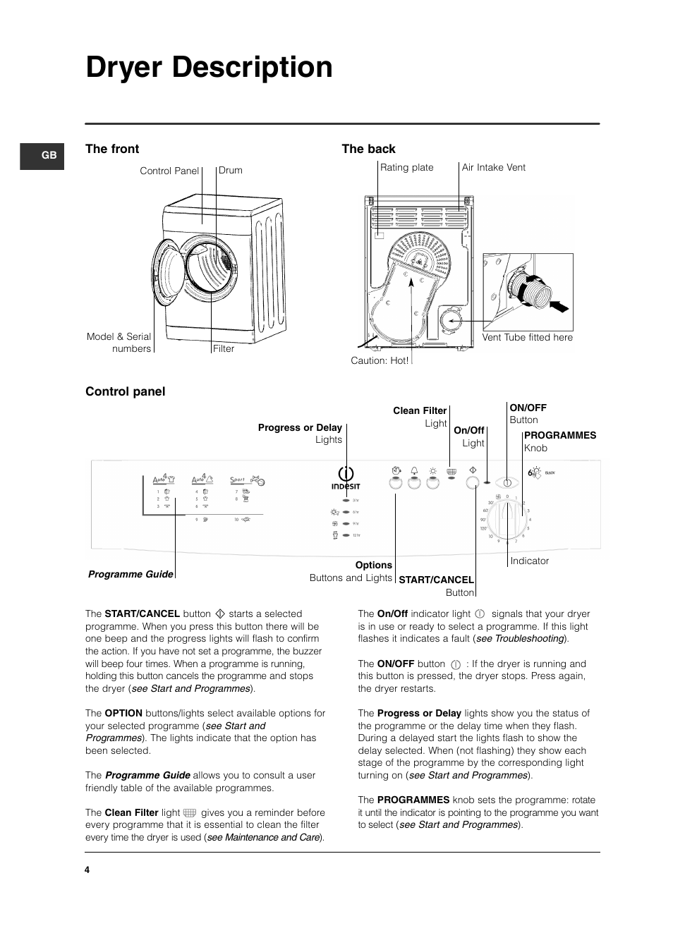Dryer description, Control panel, The front the back | Indesit ISL 60 V User Manual | Page 4 / 68