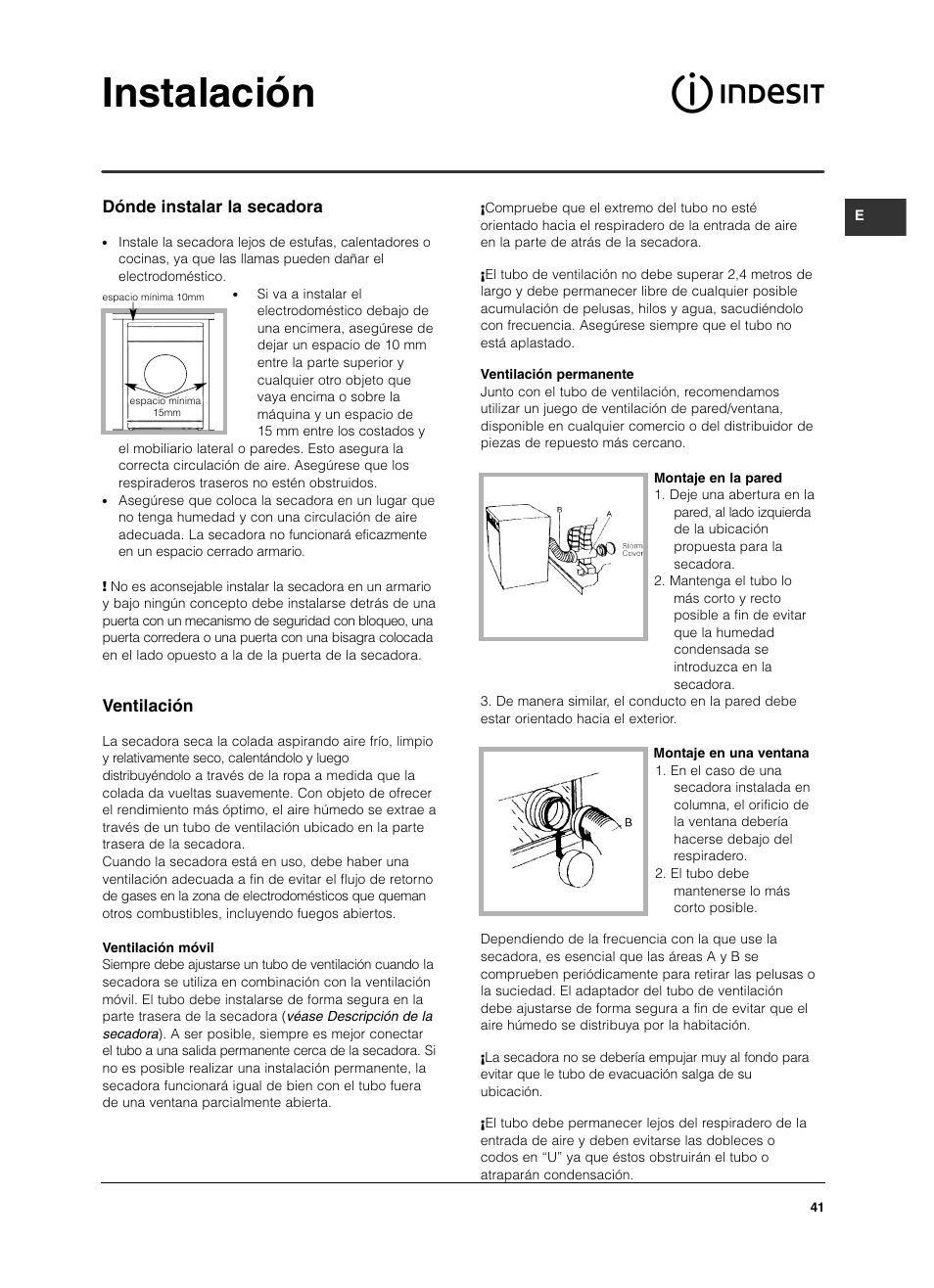 Instalación, Dónde instalar la secadora, Ventilación | Indesit ISL 60 V User Manual | Page 41 / 68