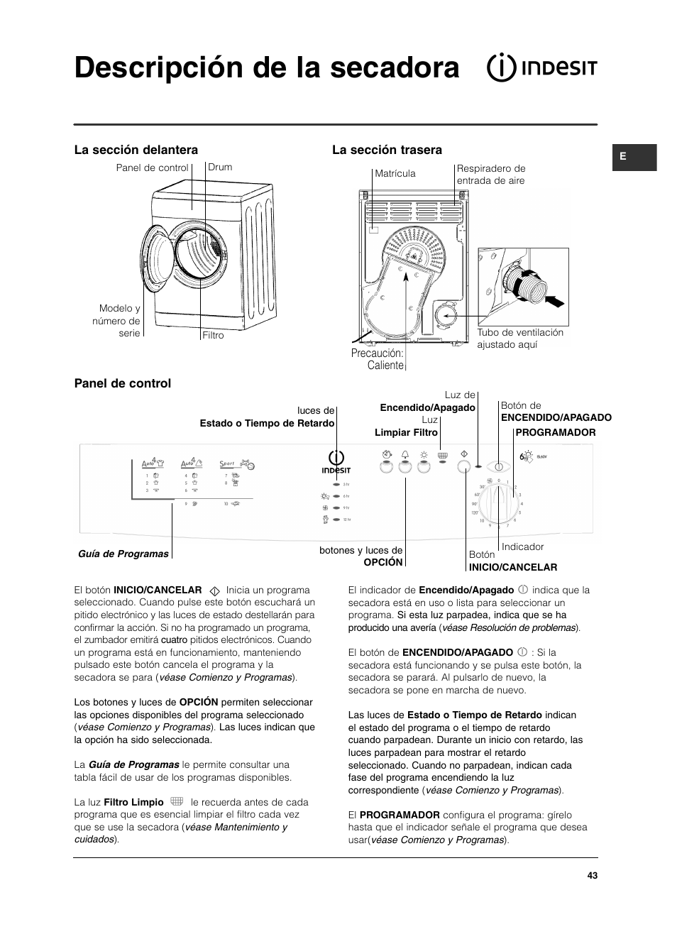 Descripción de la secadora | Indesit ISL 60 V User Manual | Page 43 / 68