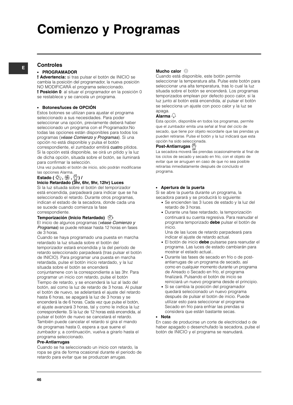 Comienzo y programas, Controles | Indesit ISL 60 V User Manual | Page 46 / 68