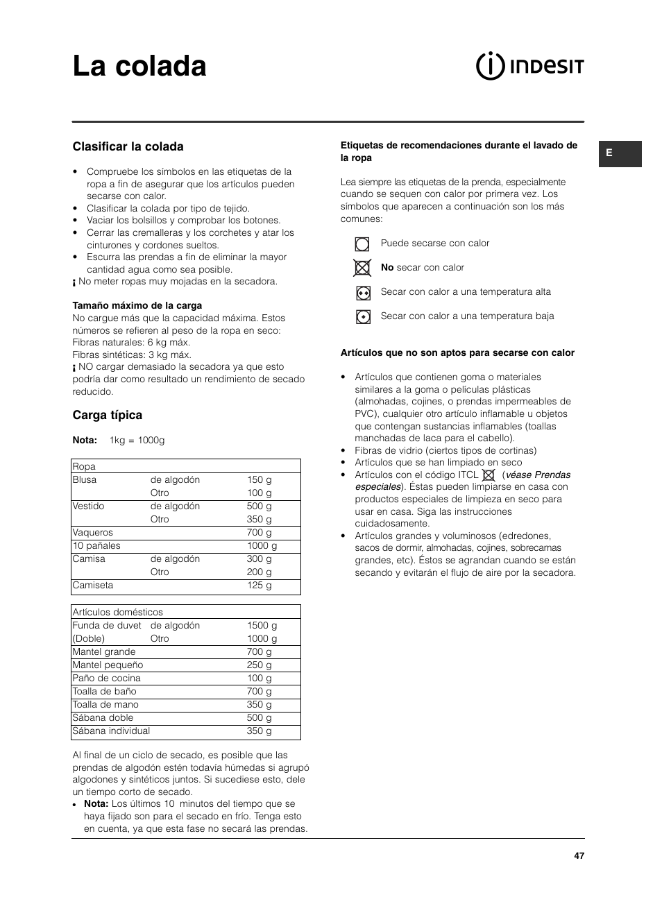La colada, Clasificar la colada, Carga típica | Indesit ISL 60 V User Manual | Page 47 / 68