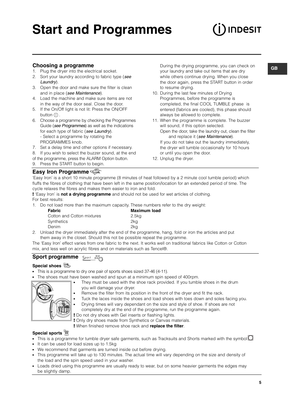 Start and programmes, Choosing a programme, Easy iron programme | Sport programme | Indesit ISL 60 V User Manual | Page 5 / 68