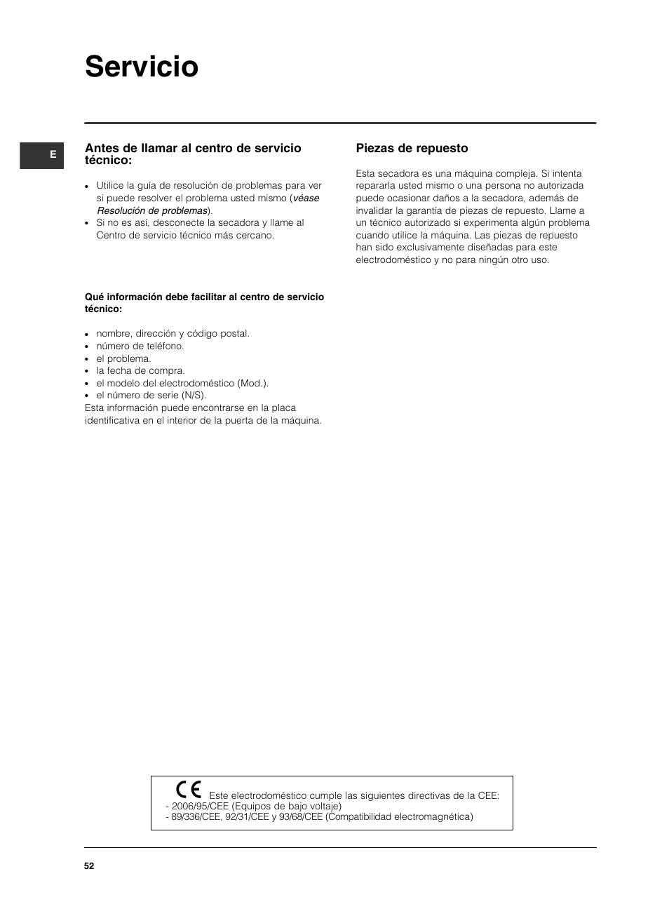 Servicio, Piezas de repuesto, Antes de llamar al centro de servicio técnico | Indesit ISL 60 V User Manual | Page 52 / 68