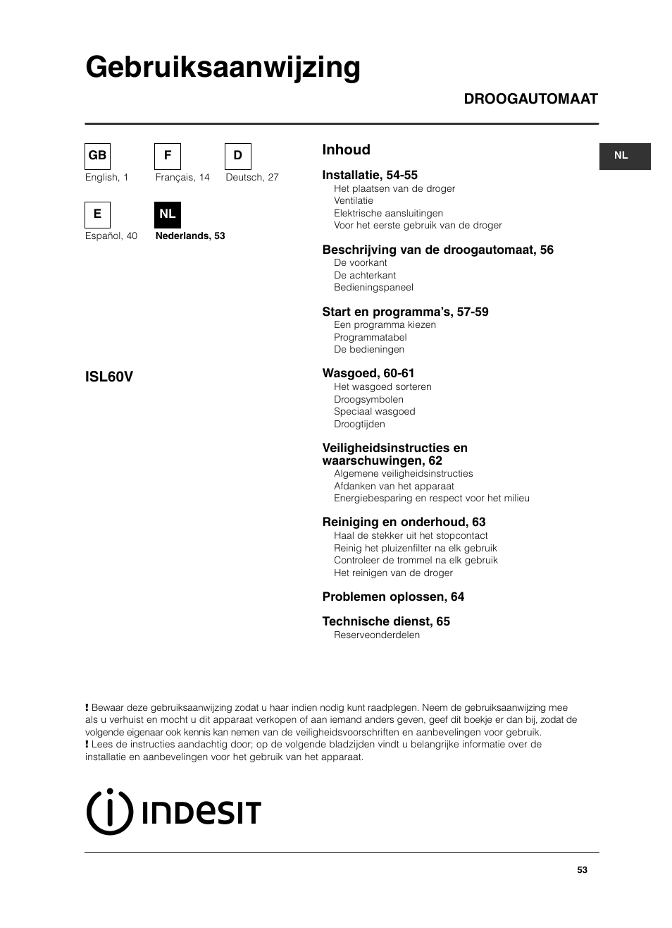 Gebruiksaanwijzing, Inhoud droogautomaat isl60v | Indesit ISL 60 V User Manual | Page 53 / 68