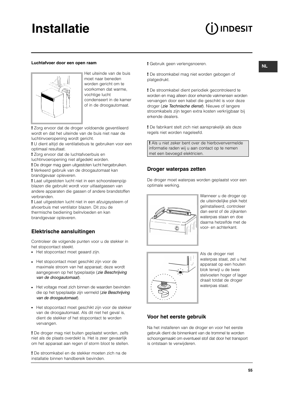 Installatie, Elektrische aansluitingen, Droger waterpas zetten | Voor het eerste gebruik | Indesit ISL 60 V User Manual | Page 55 / 68