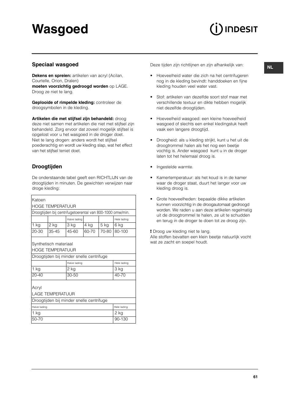Wasgoed, Speciaal wasgoed, Droogtijden | Indesit ISL 60 V User Manual | Page 61 / 68