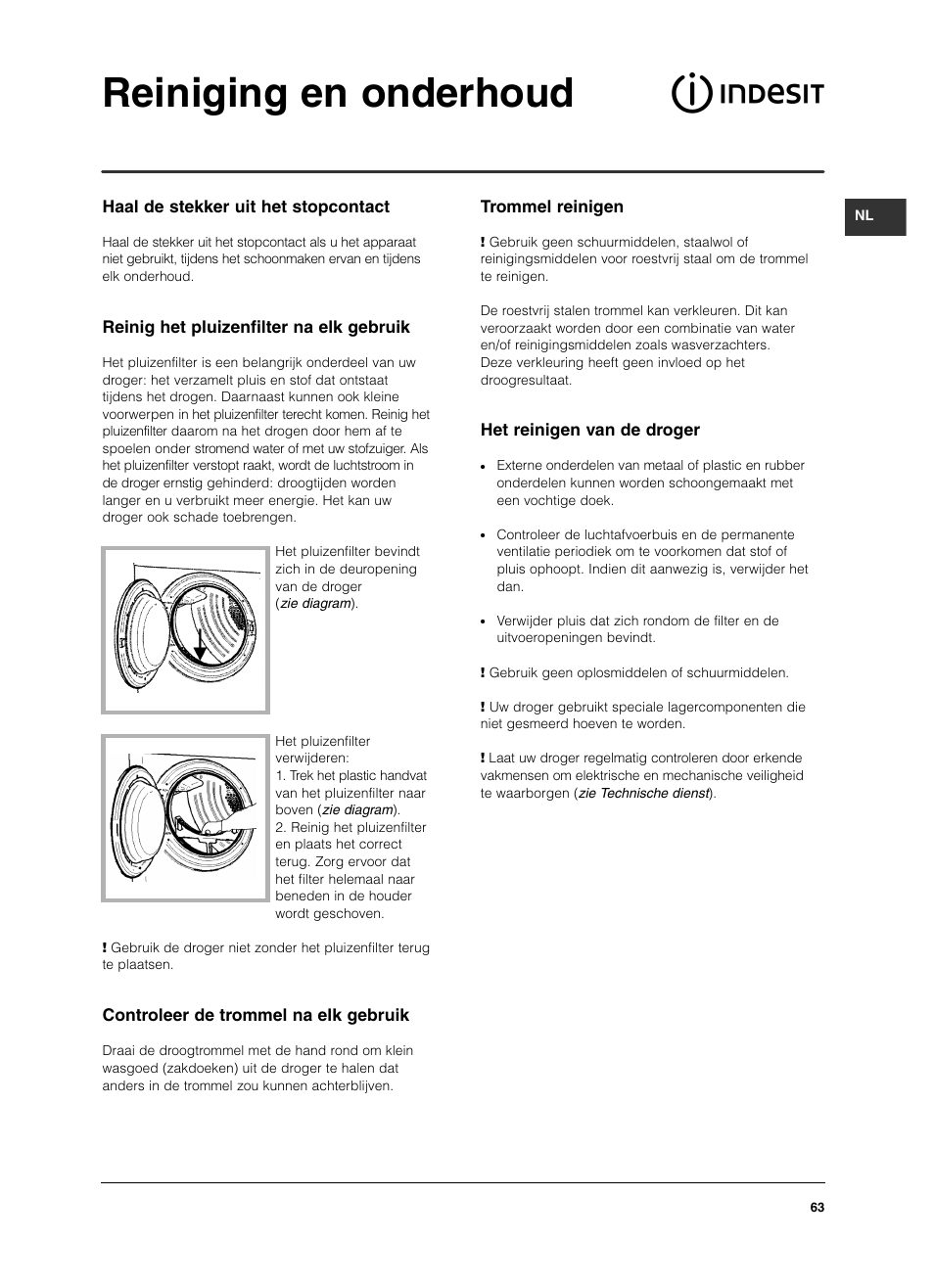 Reiniging en onderhoud | Indesit ISL 60 V User Manual | Page 63 / 68