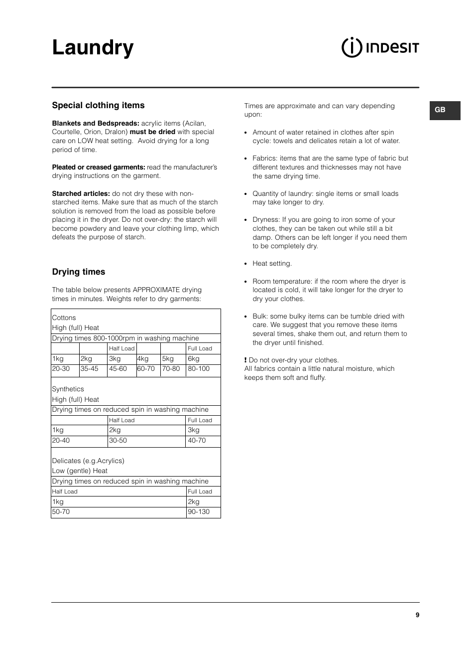 Laundry, Special clothing items, Drying times | Indesit ISL 60 V User Manual | Page 9 / 68