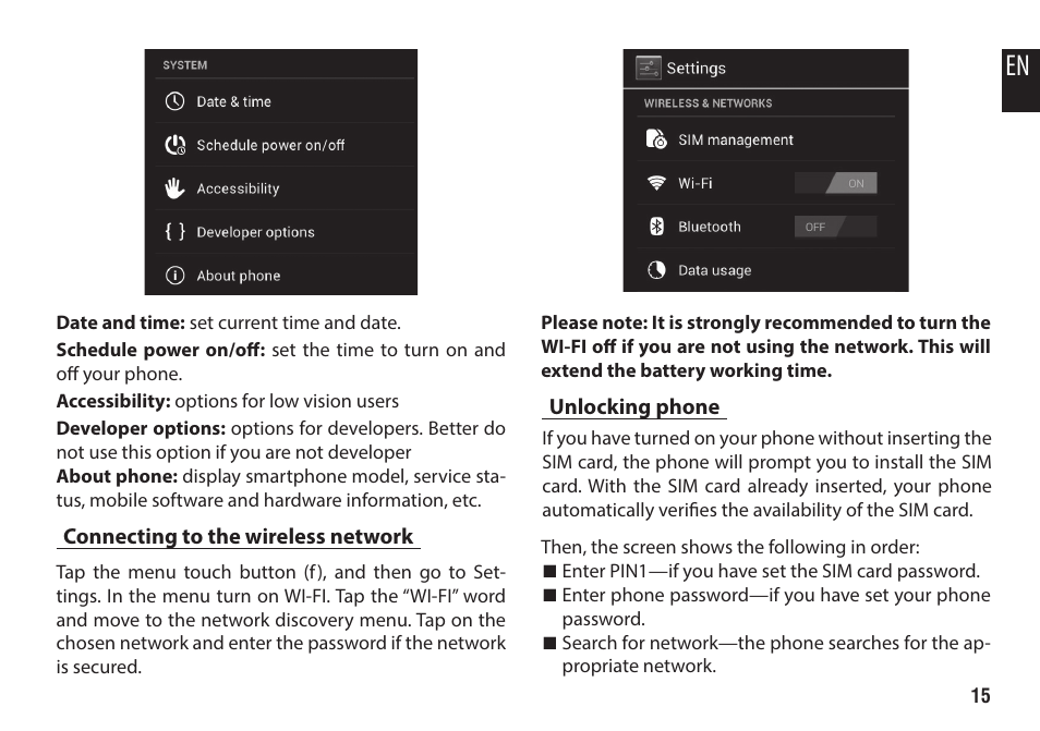 Connecting to the wireless network, Unlocking phone | Media-Tech IMPERIUS 2 User Manual | Page 15 / 20