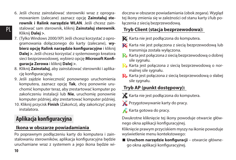Aplikacja konfiguracyjna, Ikona w obszarze powiadamiania, Tryb client (stacja bezprzewodowa) | Tryb ap (punkt dostępowy) | Media-Tech MICRO WLAN USB ADAPTER User Manual | Page 10 / 32