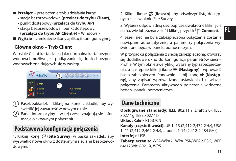 Główne okno – tryb client, Podstawowa konfiguracja połączenia, Dane techniczne | Media-Tech MICRO WLAN USB ADAPTER User Manual | Page 11 / 32