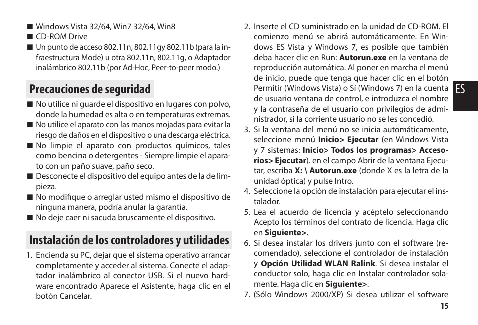 Precauciones de seguridad, Instalación de los controladores y utilidades | Media-Tech MICRO WLAN USB ADAPTER User Manual | Page 15 / 32