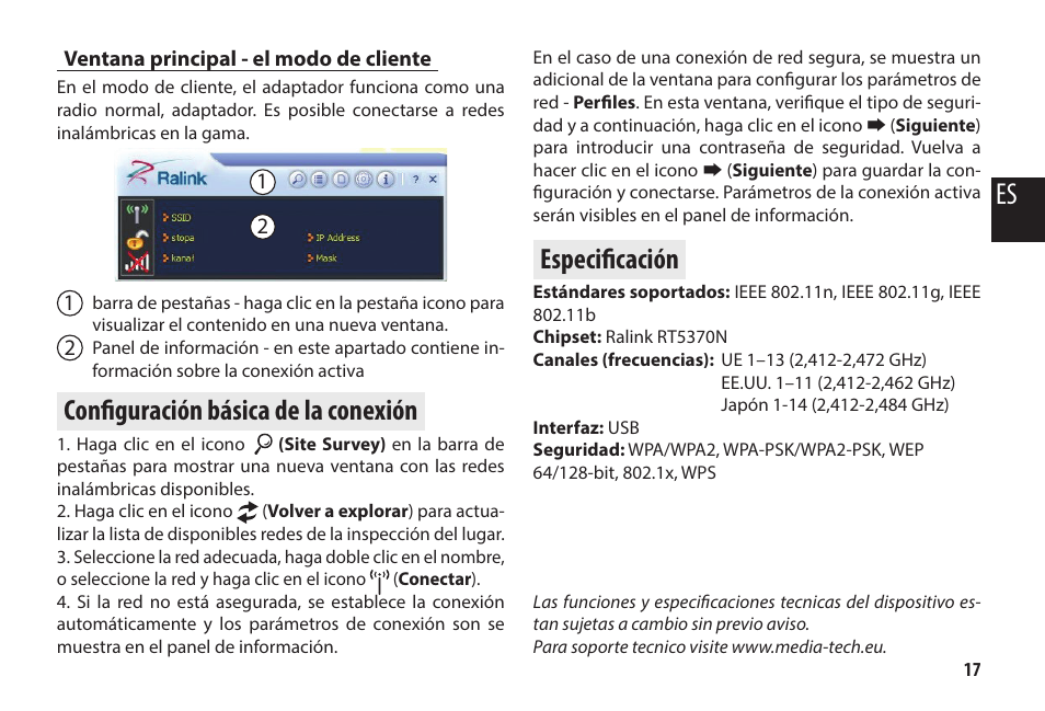 Ventana principal - el modo de cliente, Configuración básica de la conexión, Especificación | Media-Tech MICRO WLAN USB ADAPTER User Manual | Page 17 / 32