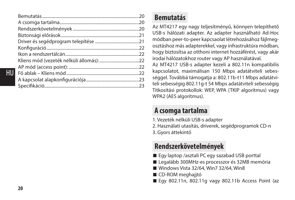 Bemutatás, A csomga tartalma, Rendszerkövetelmények | Media-Tech MICRO WLAN USB ADAPTER User Manual | Page 20 / 32