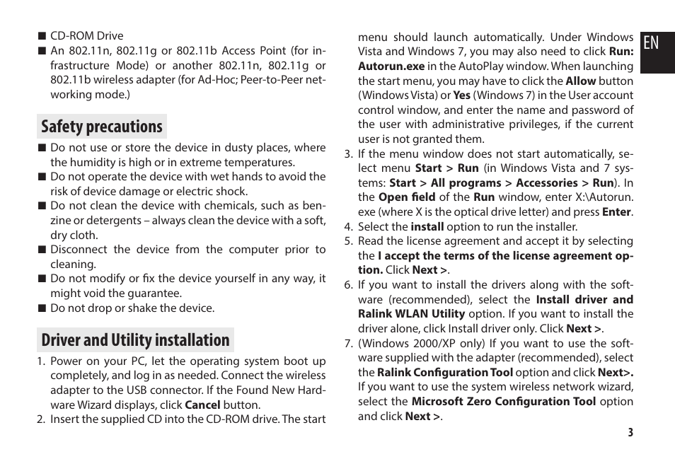 Safety precautions, Driver and utility installation | Media-Tech MICRO WLAN USB ADAPTER User Manual | Page 3 / 32