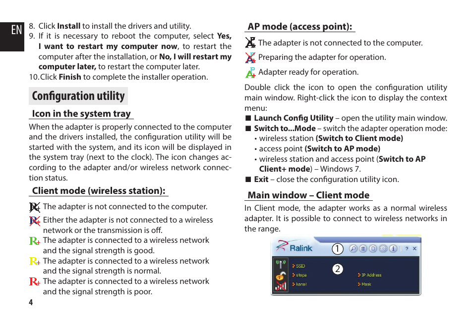 Configuration utility, Icon in the system tray, Client mode (wireless station) | Ap mode (access point), Main window – client mode | Media-Tech MICRO WLAN USB ADAPTER User Manual | Page 4 / 32