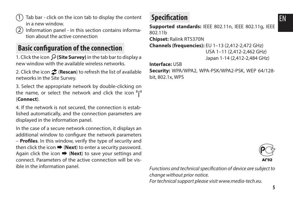 Basic configuration of the connection, Specification | Media-Tech MICRO WLAN USB ADAPTER User Manual | Page 5 / 32