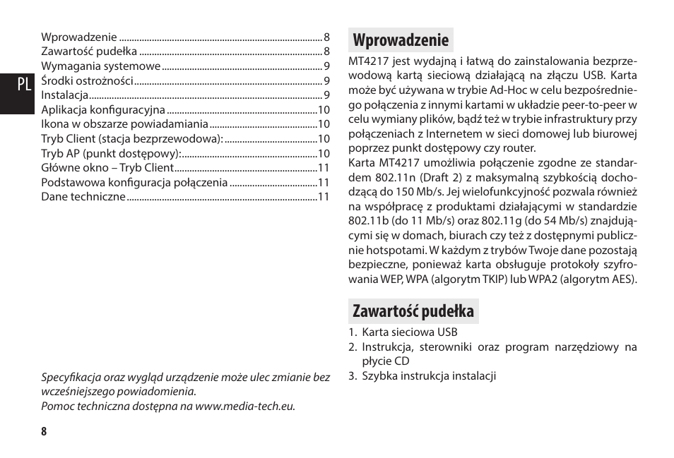Wprowadzenie, Zawartość pudełka | Media-Tech MICRO WLAN USB ADAPTER User Manual | Page 8 / 32