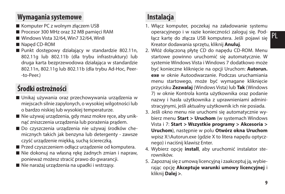 Wymagania systemowe, Środki ostrożności, Instalacja | Media-Tech MICRO WLAN USB ADAPTER User Manual | Page 9 / 32