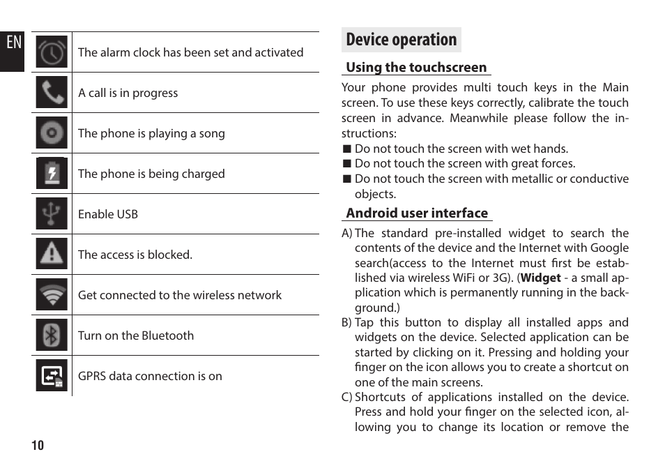 Device operation, Using the touchscreen, Android user interface | En device operation | Media-Tech IMPERIUS AERO SLIM User Manual | Page 10 / 20