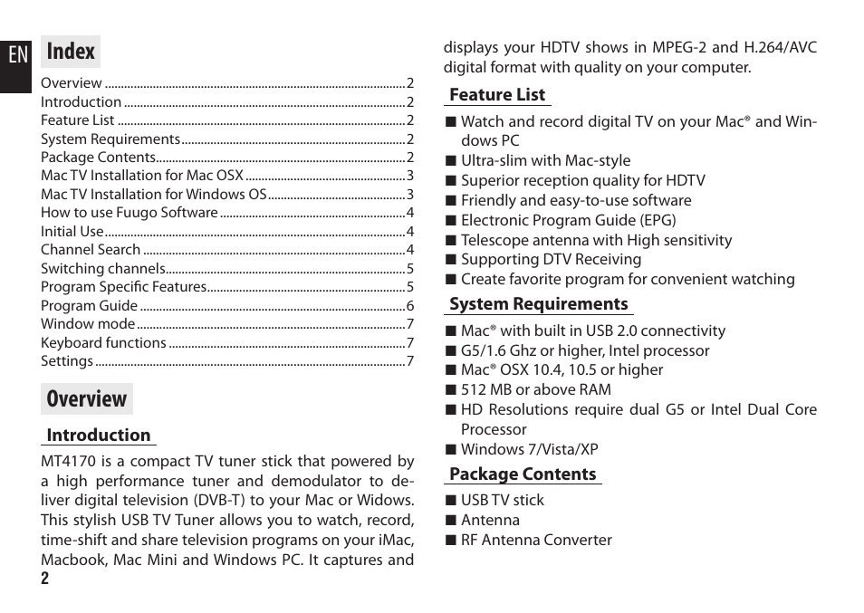 Overview, Introduction, Feature list | System requirements, Package contents, En index | Media-Tech MAC MICRO DVB-T STICK User Manual | Page 2 / 8