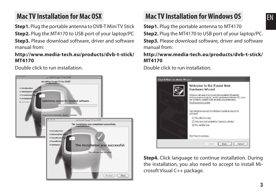 Mac tv installation for mac osx, Mac tv installation for windows os, En mac tv installation for windows os | Media-Tech MAC MICRO DVB-T STICK User Manual | Page 3 / 8