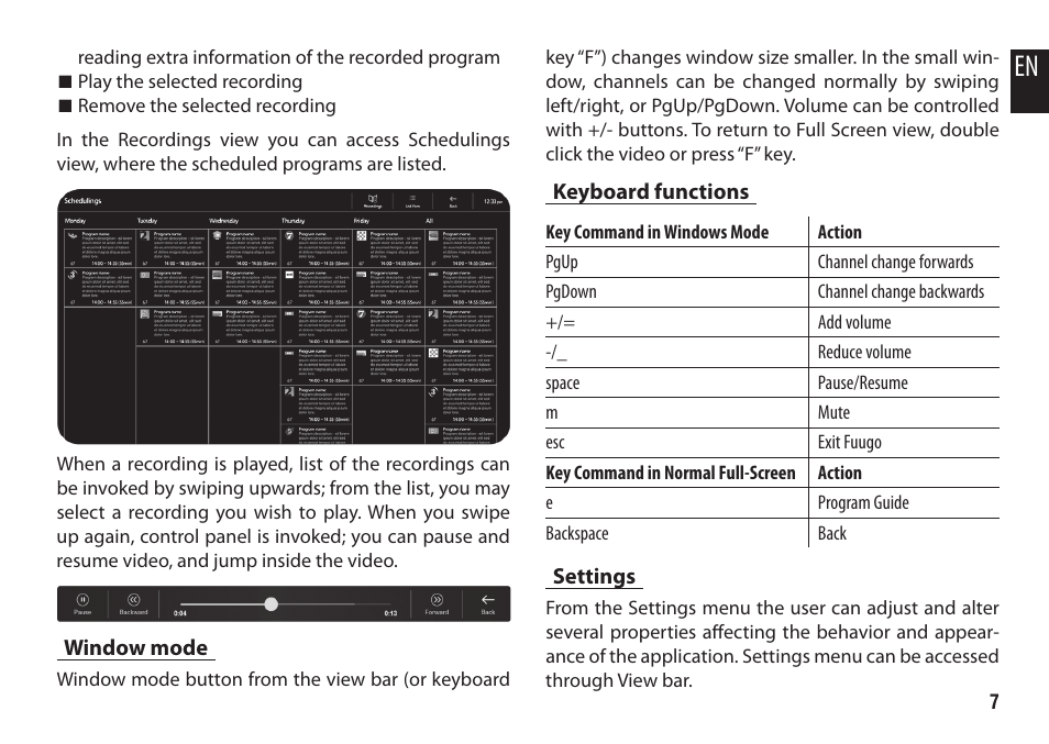 Window mode, Keyboard functions, Settings | Media-Tech MAC MICRO DVB-T STICK User Manual | Page 7 / 8