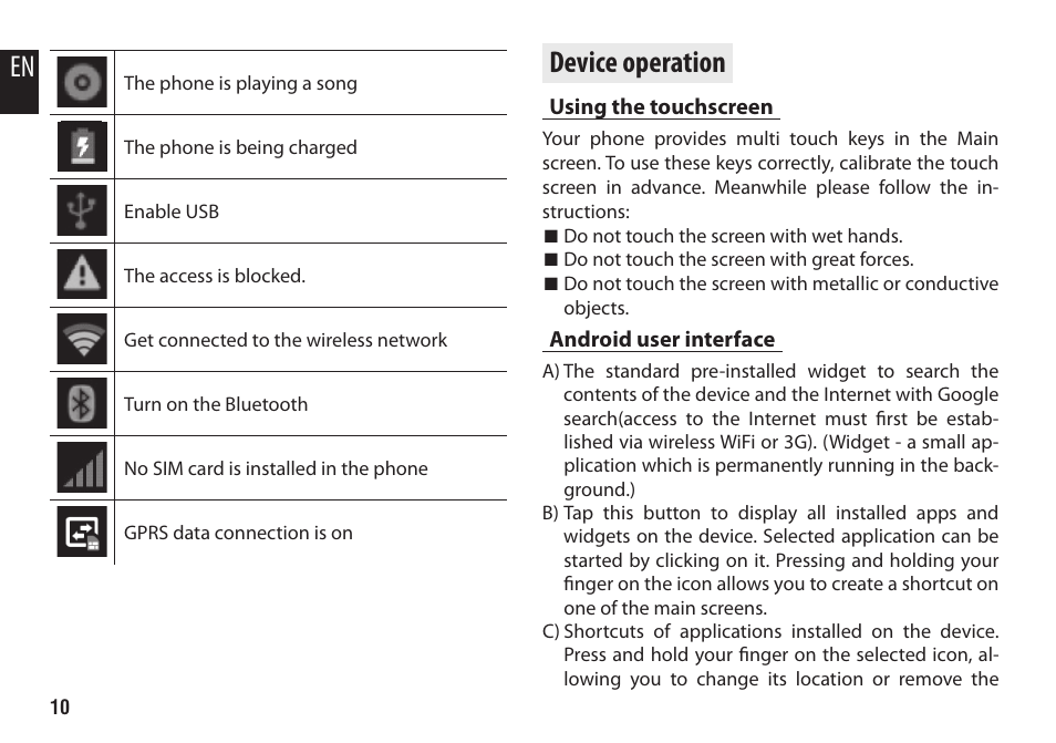 Device operation, Using the touchscreen, Android user interface | Media-Tech IMPERIUS User Manual | Page 10 / 20