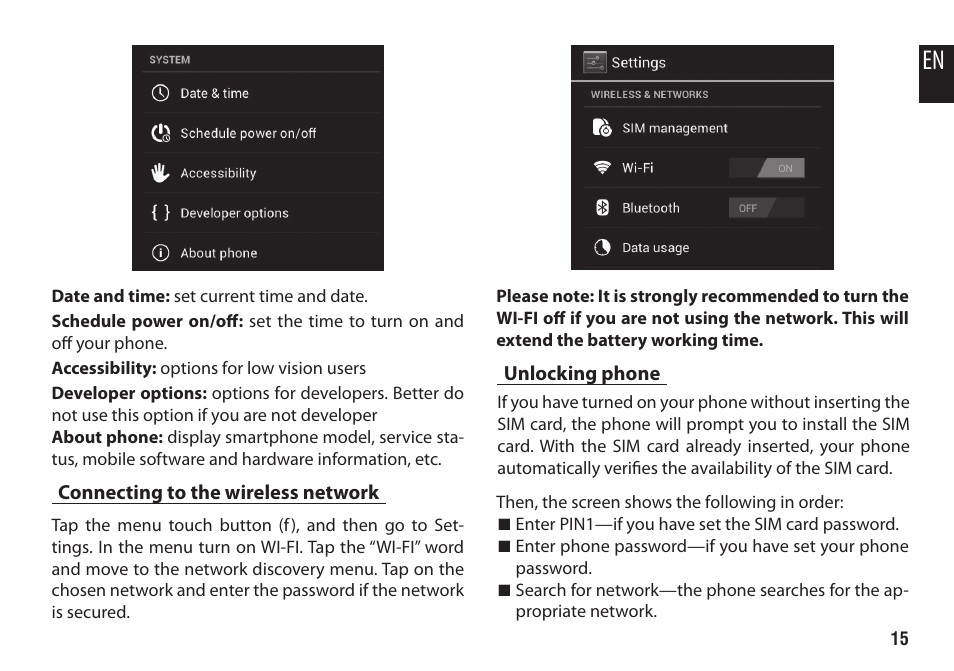 Connecting to the wireless network, Unlocking phone | Media-Tech IMPERIUS User Manual | Page 15 / 20