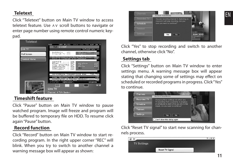 Teletext, Timeshift feature, Record function | Settings tab | Media-Tech DVB-T NAVIGATOR DUO User Manual | Page 11 / 12