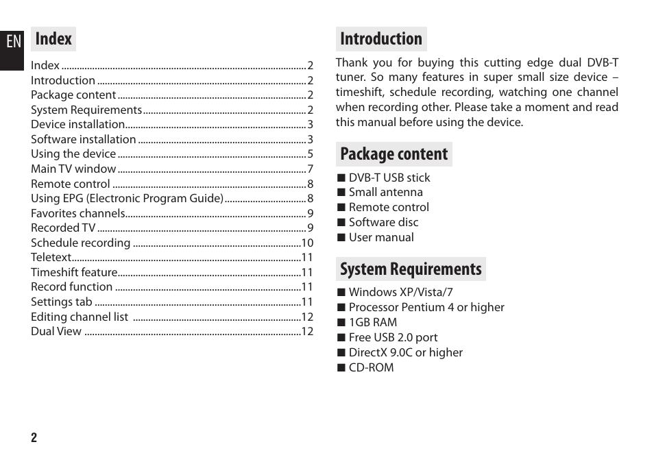 Index, Introduction, Package content | System requirements, En index | Media-Tech DVB-T NAVIGATOR DUO User Manual | Page 2 / 12