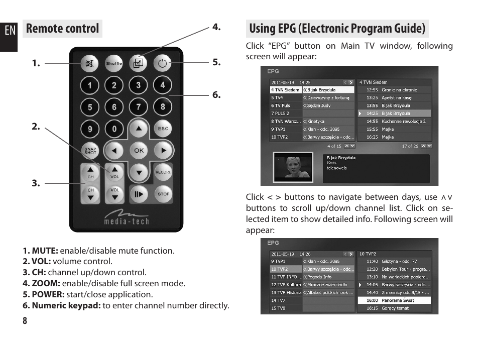 Remote control, Using epg (electronic program guide), En remote control | Media-Tech DVB-T NAVIGATOR DUO User Manual | Page 8 / 12